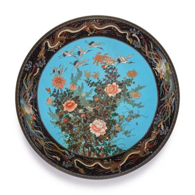 A Massive Museum Pair of Meiji Period Japanese Cloisonne Enamel Chargers Plates