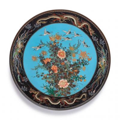 A Massive Museum Pair of Meiji Period Japanese Cloisonne Enamel Chargers Plates