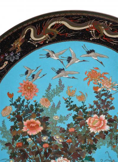 A Massive Museum Pair of Meiji Period Japanese Cloisonne Enamel Chargers Plates