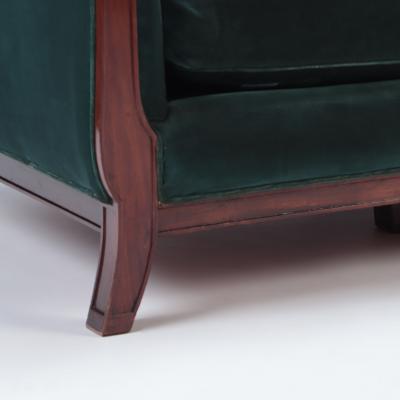 A Mid Century Modern French large sofa with green velvet upholstery circa 1945 