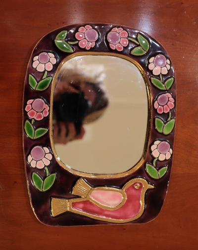 A Mithe Espelt Ceramic Floral Bird Mirror circa 1965