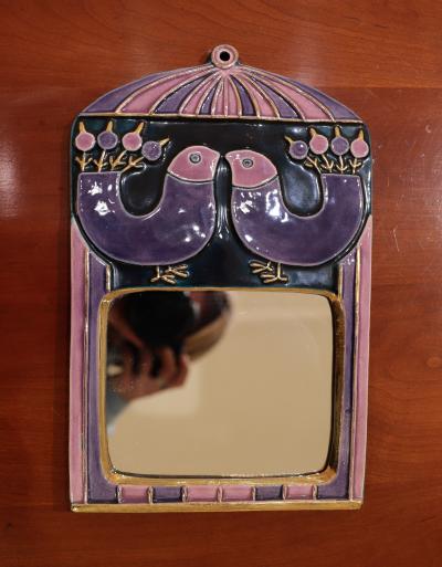 A Mithe Espelt Ceramic Purple Bird Mirror circa 1965