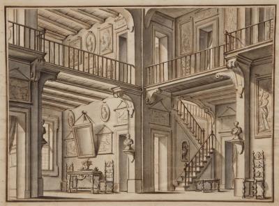 A Monochromatic Watercolor Ink on Paper of A Double Level Atrium Interior