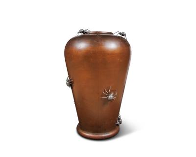 A Monumental Meiji Period Japanese Turned Wood Vase with Silver Spider Okimonos