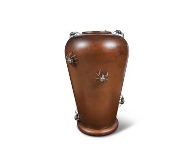 A Monumental Meiji Period Japanese Turned Wood Vase with Silver Spider Okimonos