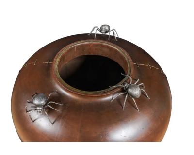 A Monumental Meiji Period Japanese Turned Wood Vase with Silver Spider Okimonos