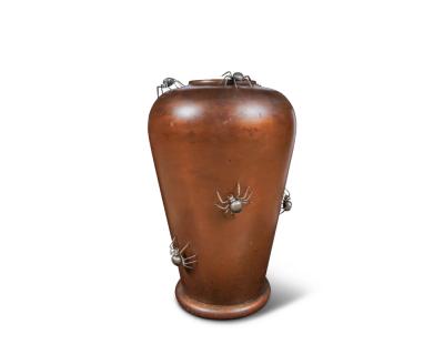 A Monumental Meiji Period Japanese Turned Wood Vase with Silver Spider Okimonos