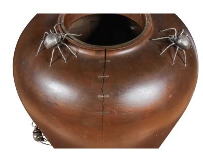 A Monumental Meiji Period Japanese Turned Wood Vase with Silver Spider Okimonos