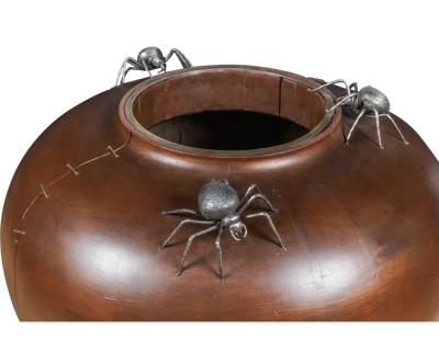 A Monumental Meiji Period Japanese Turned Wood Vase with Silver Spider Okimonos