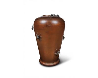 A Monumental Meiji Period Japanese Turned Wood Vase with Silver Spider Okimonos