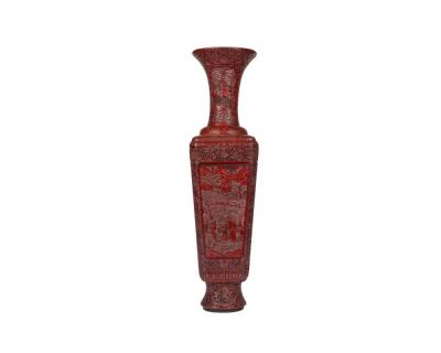 A Monumental and Rare Pair of Chinese Cinnabar Carved Lacquer Vases Qianlong