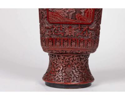 A Monumental and Rare Pair of Chinese Cinnabar Carved Lacquer Vases Qianlong