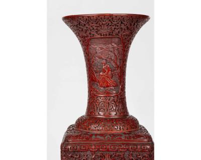 A Monumental and Rare Pair of Chinese Cinnabar Carved Lacquer Vases Qianlong