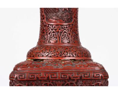 A Monumental and Rare Pair of Chinese Cinnabar Carved Lacquer Vases Qianlong