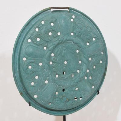 A Mounted 17th Century Folk Art Brass Bassinoire Cover from France