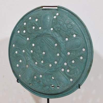 A Mounted 17th Century Folk Art Brass Bassinoire Cover from France