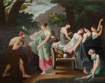 A Neoclassical Polychrome Painted Sofa Depicting Two Scenes From Homers Odyssey