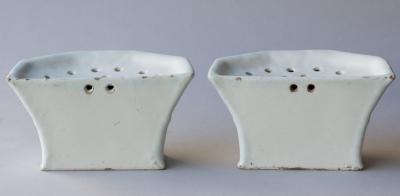 A PAIR OF 18TH CENTURY FAIENCE BOUQUETI RE OR FLOWER VASES