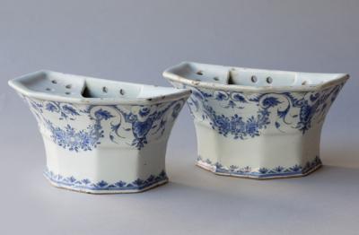 A PAIR OF 18TH CENTURY FAIENCE BOUQUETI RE OR FLOWER VASES