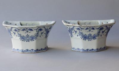 A PAIR OF 18TH CENTURY FAIENCE BOUQUETI RE OR FLOWER VASES