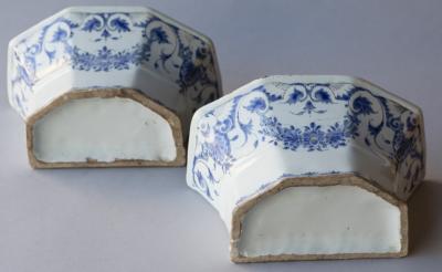 A PAIR OF 18TH CENTURY FAIENCE BOUQUETI RE OR FLOWER VASES