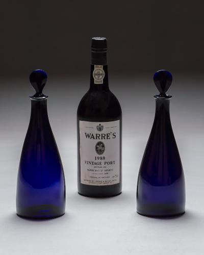 A PAIR OF BRISTOL BLUE SPIRIT DECANTERS