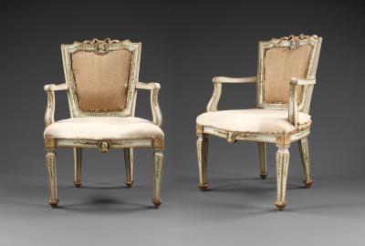 A PAIR OF EARLY NEOCLASSICAL PALE BLUE PAINTED GROUND AND GILDED ARMCHAIRS