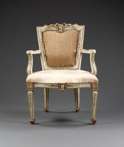 A PAIR OF EARLY NEOCLASSICAL PALE BLUE PAINTED GROUND AND GILDED ARMCHAIRS