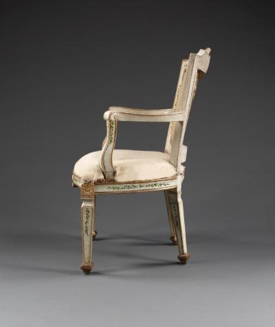 A PAIR OF EARLY NEOCLASSICAL PALE BLUE PAINTED GROUND AND GILDED ARMCHAIRS
