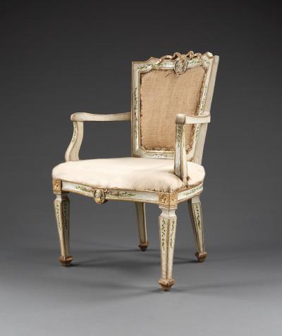 A PAIR OF EARLY NEOCLASSICAL PALE BLUE PAINTED GROUND AND GILDED ARMCHAIRS