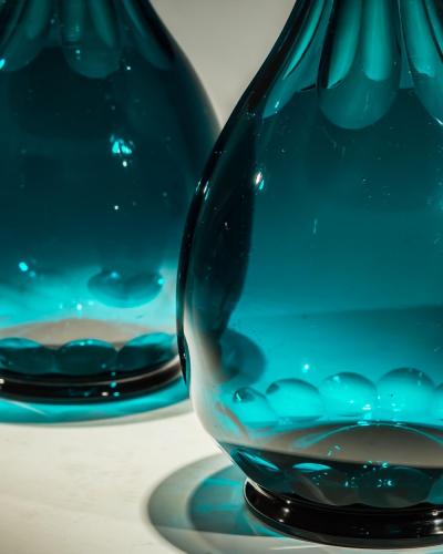 A PAIR OF ELEGANT GREEN CARAFES