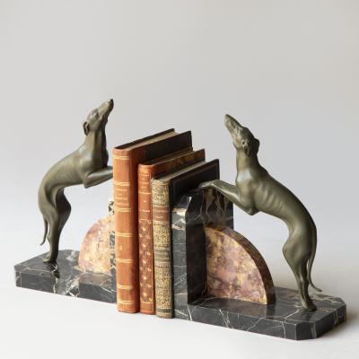 A PAIR OF LIMOUSIN PAINTED SPELTER SIGHTHOUND BOOKENDS