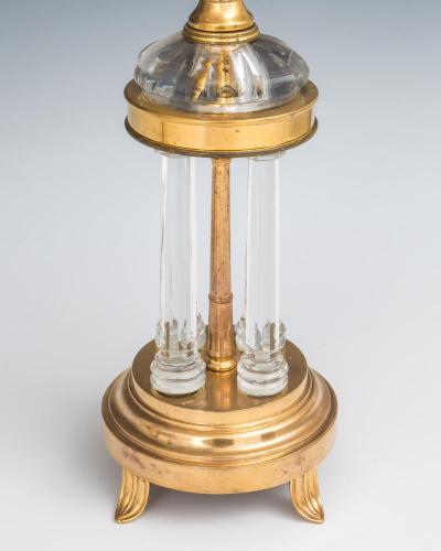 A PAIR OF ORMOLU AND GLASS TEMPLE CANDELABRA