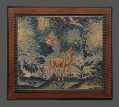 A PAIR OF PETIT POINT NEEDLEWORK PICTURES DEPICTING AN ELEPHANT AND A CAMEL
