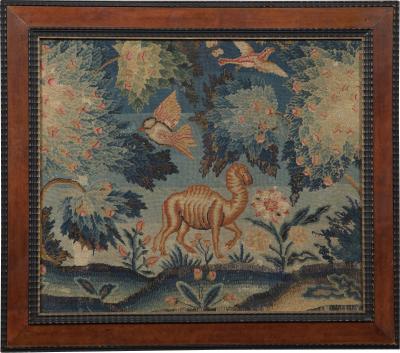 A PAIR OF PETIT POINT NEEDLEWORK PICTURES DEPICTING AN ELEPHANT AND A CAMEL