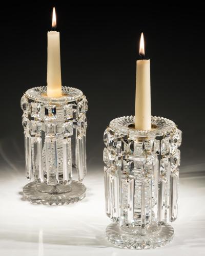 A PAIR OF REGENCY DIAMOND CUT CANDLE LUSTRES