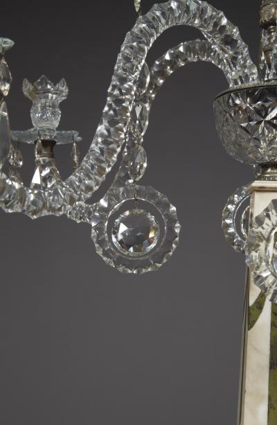 A PAIR OF STATUARY MARBLE VERDE ANTICO AND SCAGLIOLA INLAID CANDELABRA