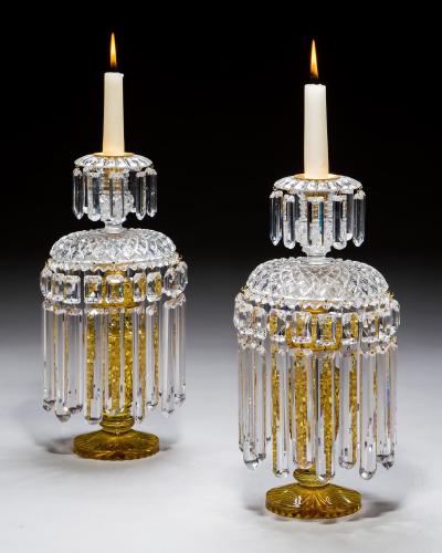 A PAIR OF UNUSUAL AMBER REGENCY LUSTRES