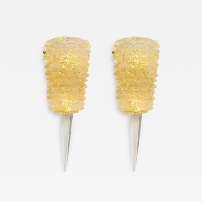 A Pair Barovier Style Art Deco Rostrato Clear Italian Murano Glass Wall Sconces