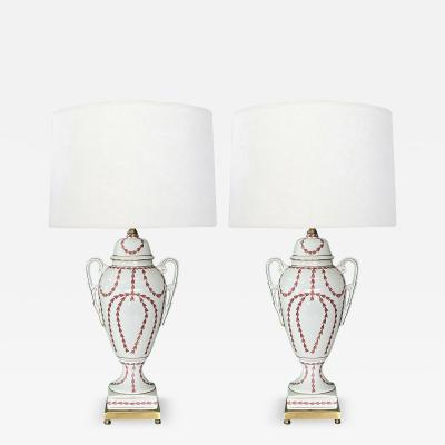 A Pair Of French Louis XVI Style White Porcelain Lamps Bell Flower Garlands