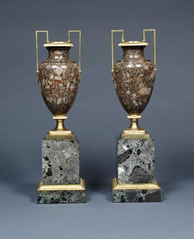 A Pair Of Gilt Bronze Mounted Specimen Porphyritic Granite Vase