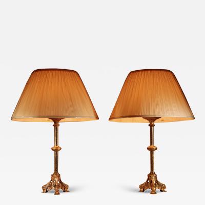 A Pair Of Impressive Fine Cast Brass Table lamps In The early Gothic Style 