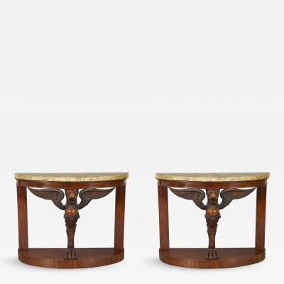 A Pair Of Mahogany Console Tables Bearing Fine Alabastro Fiorito Veneered Tops