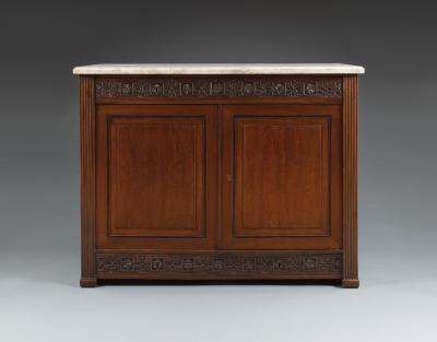 A Pair Of Neoclassical Two Door Cabinets With Marble Tops