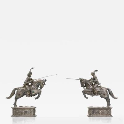 A Pair Of Silver Sculptures Knights On Horseback Hanau Germany