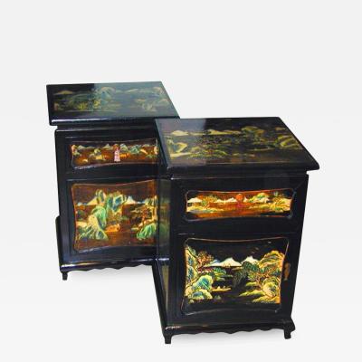 A Pair of 19th Century Chinese Chinoiserie Black Lacquer Night Tables