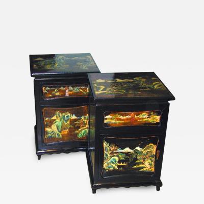 A Pair of 19th Century Chinese Chinoiserie Black Lacquer Night Tables