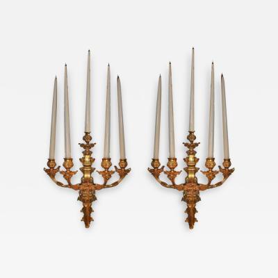 A Pair of 19th Century Gilt Bronze Five Light Wall Sconces