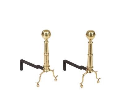 A Pair of Brass Ball Andirons on Cannon Barrel Shafts