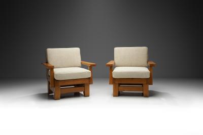 A Pair of Brutalist Oak Armchairs Spain 1960s
